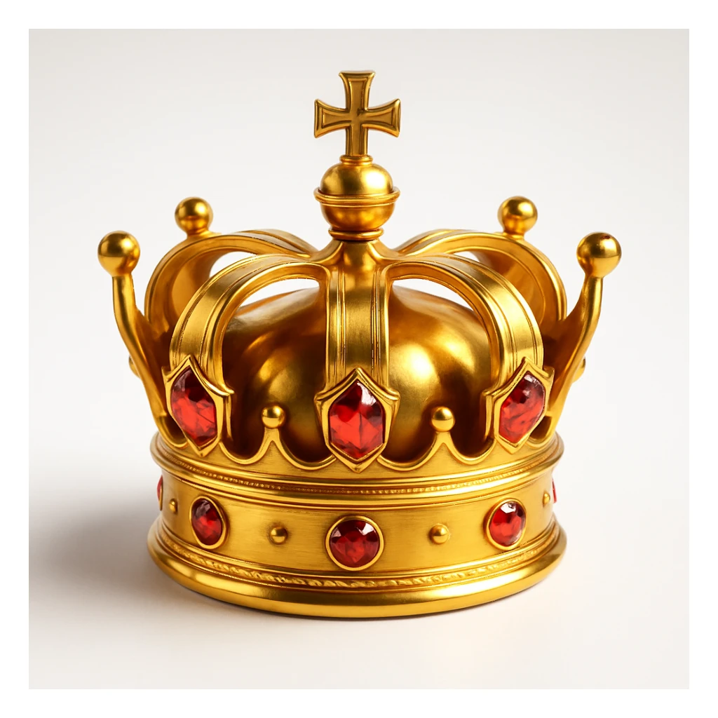 realistic big glowing gold crown with red gems, vivid colors, gemstone highlights sticker