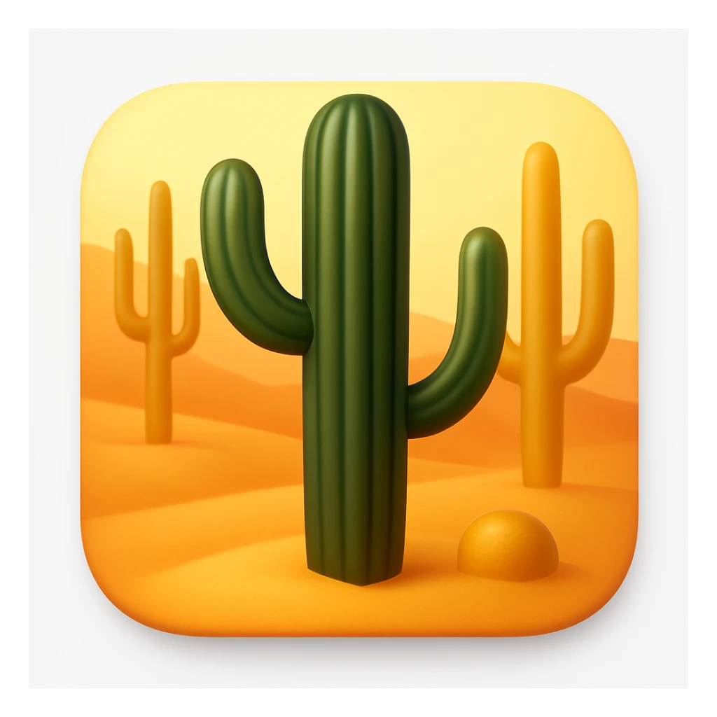 Create a desert emoji exactly like the reference image in iOS emoji style. Include the same cacti, sand, and colors with a smooth and shiny appearance. Add a soft shadow to the emoji. sticker