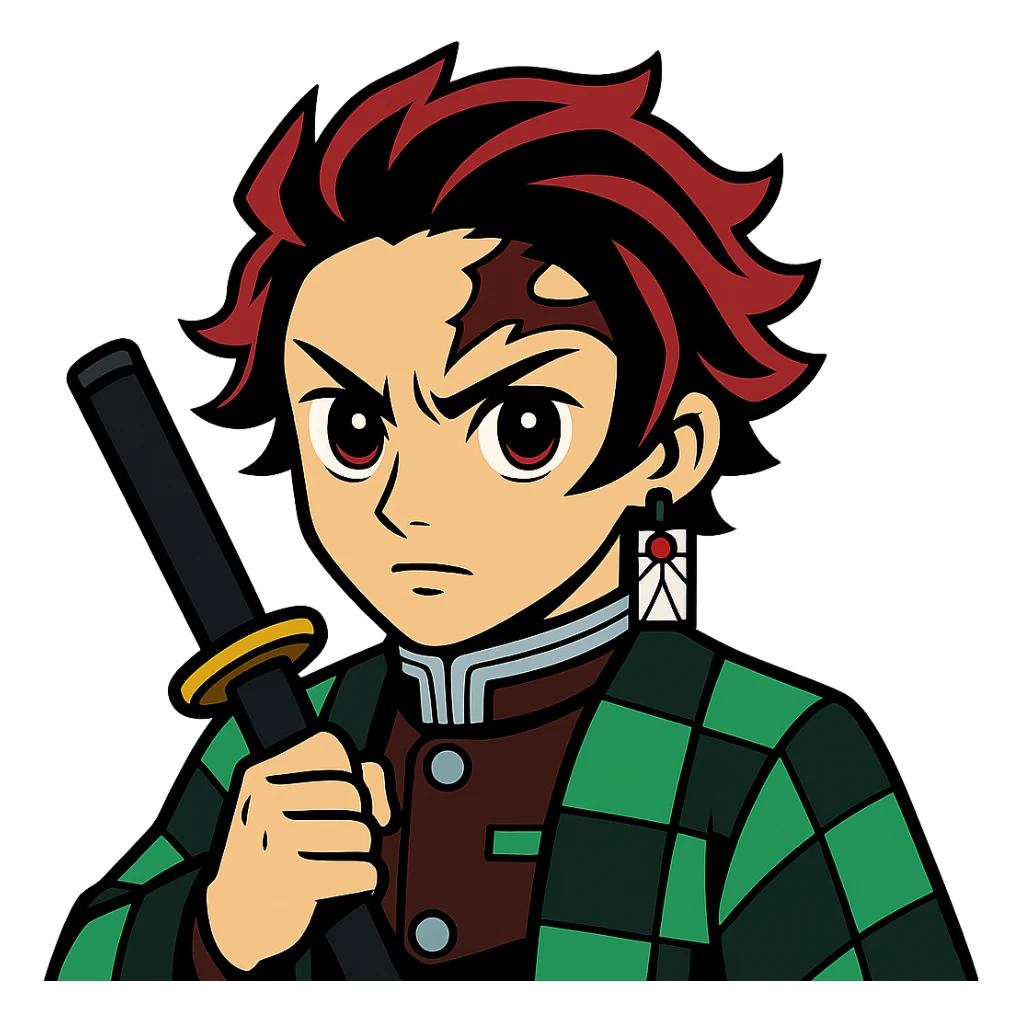 Make Tanjiro Kamado look more serious, keep vibrant anime style, green and black checkered haori, hanafuda earrings, no background sticker