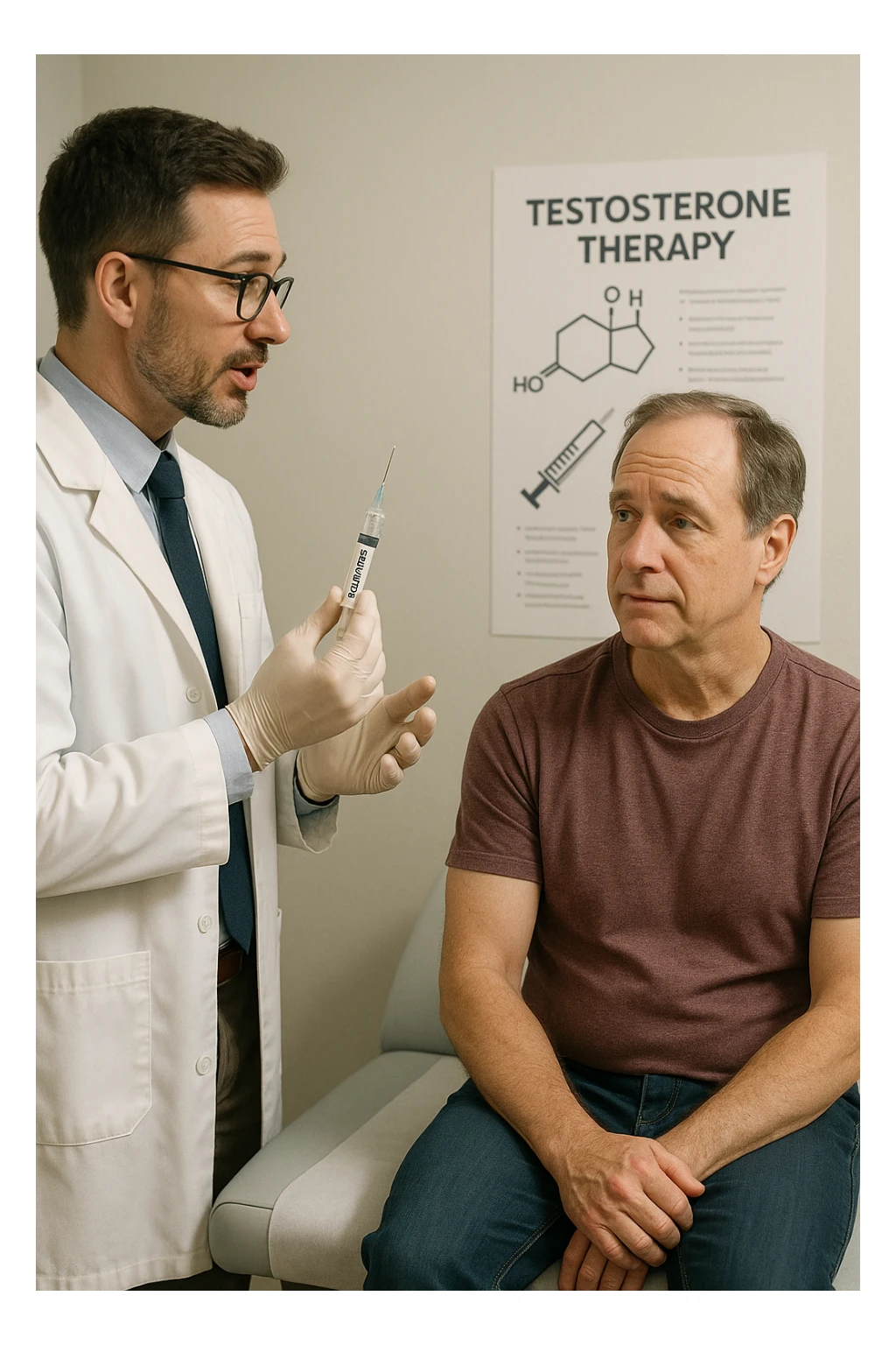 a doctor in a white coat prepares a syringe labeled “Testosterone” while a middle-aged man sits calmly on the examination table, sleeve rolled up and looking slightly apprehensive but trusting. The doctor explains the procedure, and a medical chart about testosterone therapy is visible in the background. The mood is professional and reassuring. sticker