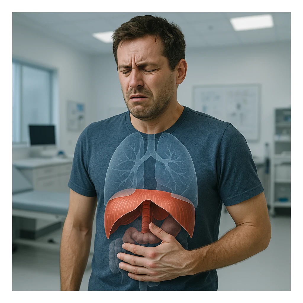 adult man with diaphragm blocked due to stress, hyper realistic style, expression of discomfort or difficulty breathing, anatomical details, hand on chest or abdomen, clinical atmosphere, modern medical environment sticker