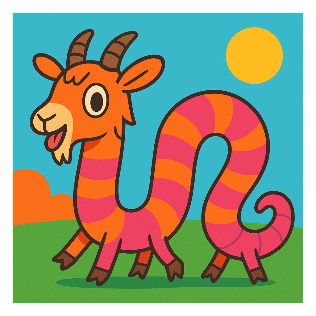 whimsical hybrid of a goat and a worm with a long segmented worm-like body, goat's head, small horns, tiny hooves, playful cartoon style sticker