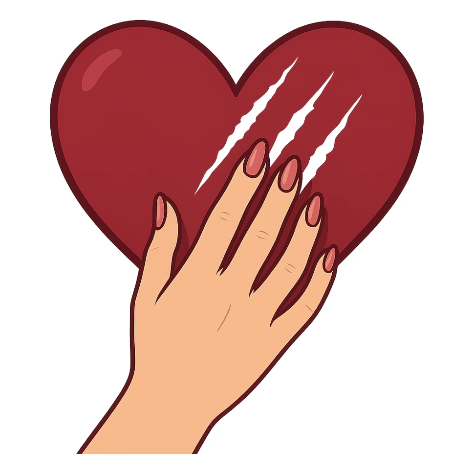 женская телесная рука с маникюром царапает винного цвета сердце sticker