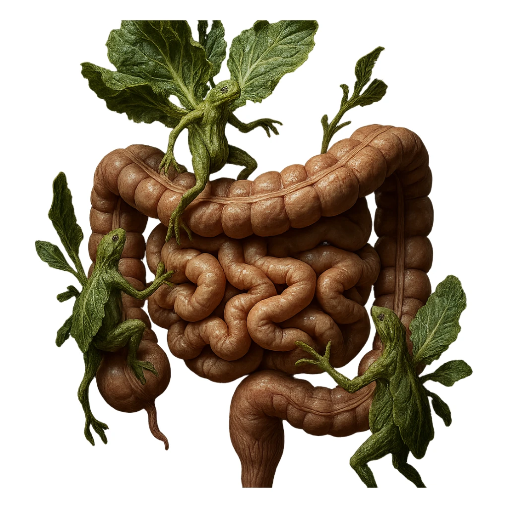 Ultra-realistic 4K illustration: stylized lettuce leaves depicted as plant-like creatures interacting with a human anatomical model of the intestine. The scene is surreal and scientific, with organic textures, refined biological details, dramatic lighting, and a bio-fantasy photorealistic style sticker