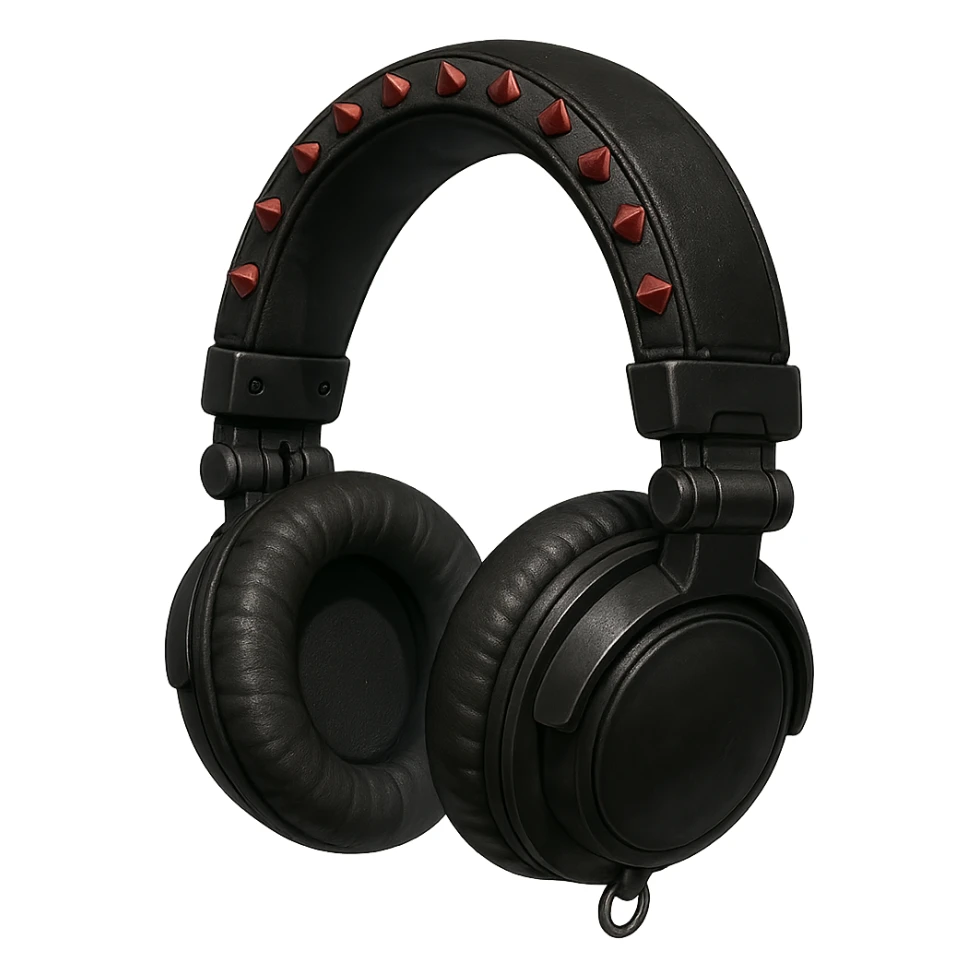 goth headphones, black with red studs, realistic anime style sticker