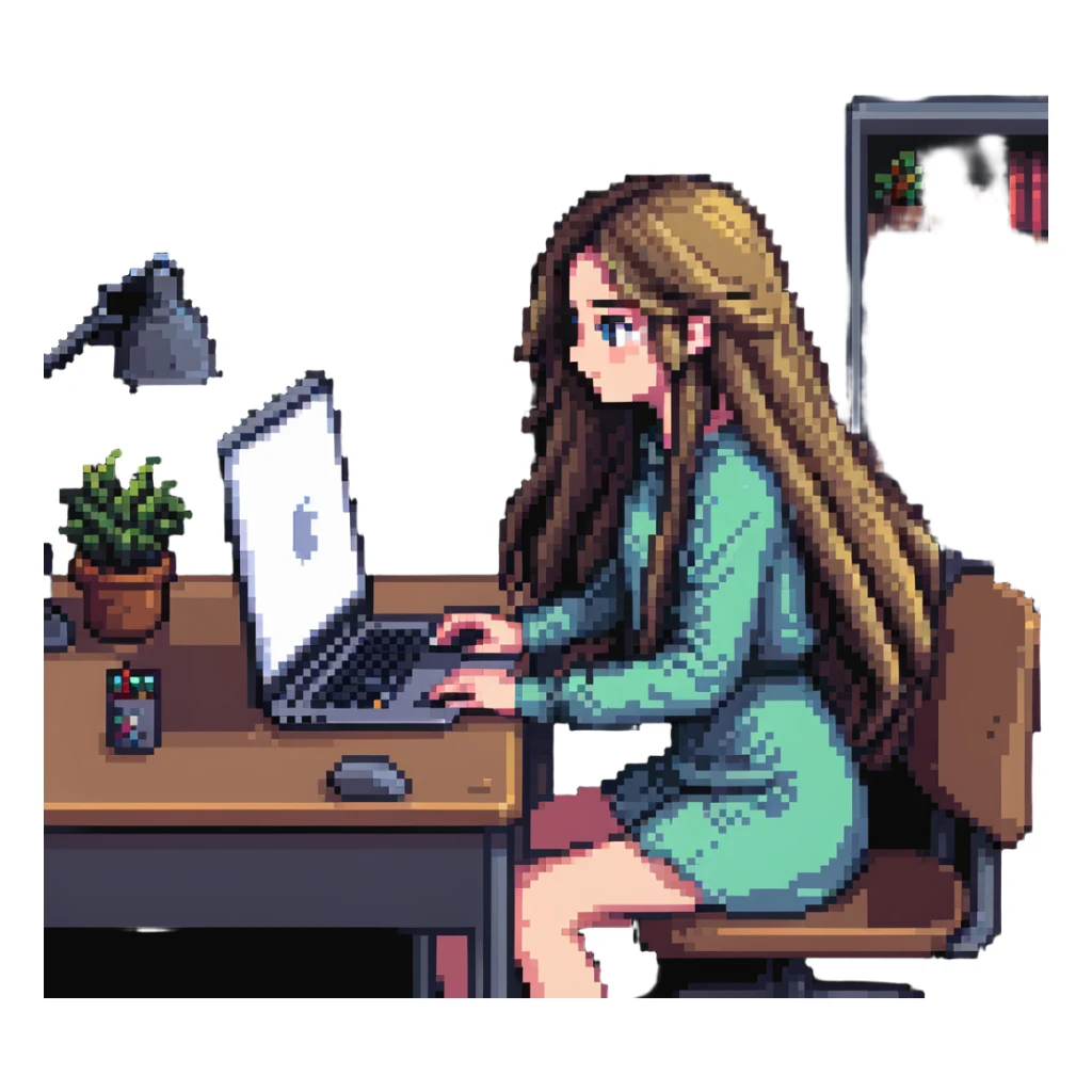 girl with long hair, only eyes visible above MacBook, working at a desk, pixel art style sticker