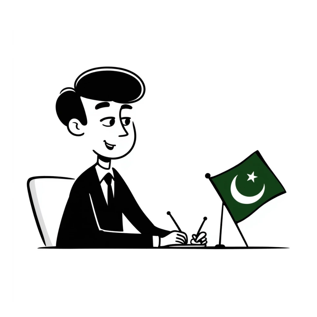 Pakistani diplomat at international conference with Pakistan flag on table sticker