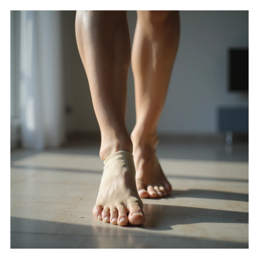 realistic 4K woman wearing an orthotic insole, smiling relieved while walking, but with a shadow of doubt on her face sticker