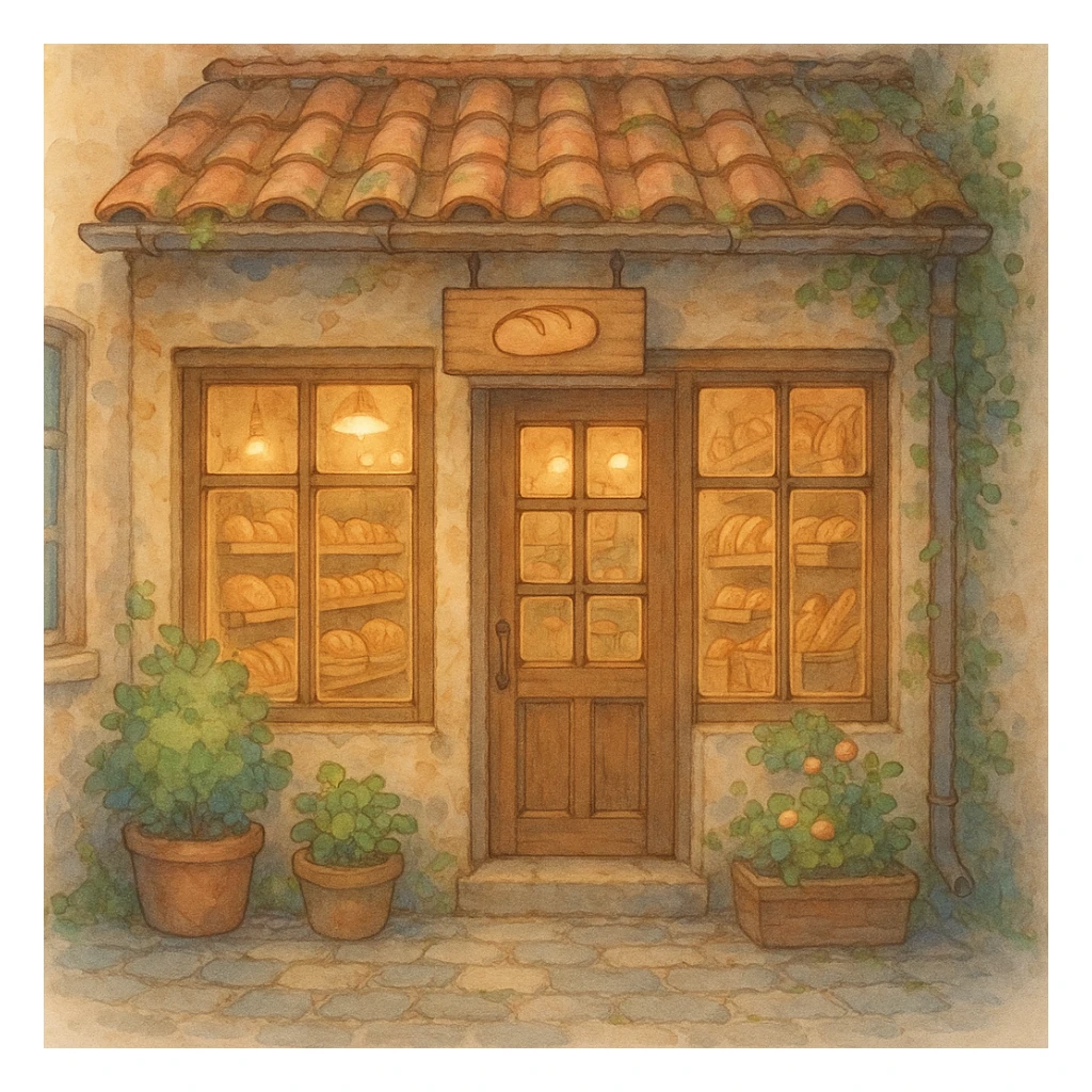 a bakery storefront emoji in ghibli style, cozy and charming sticker