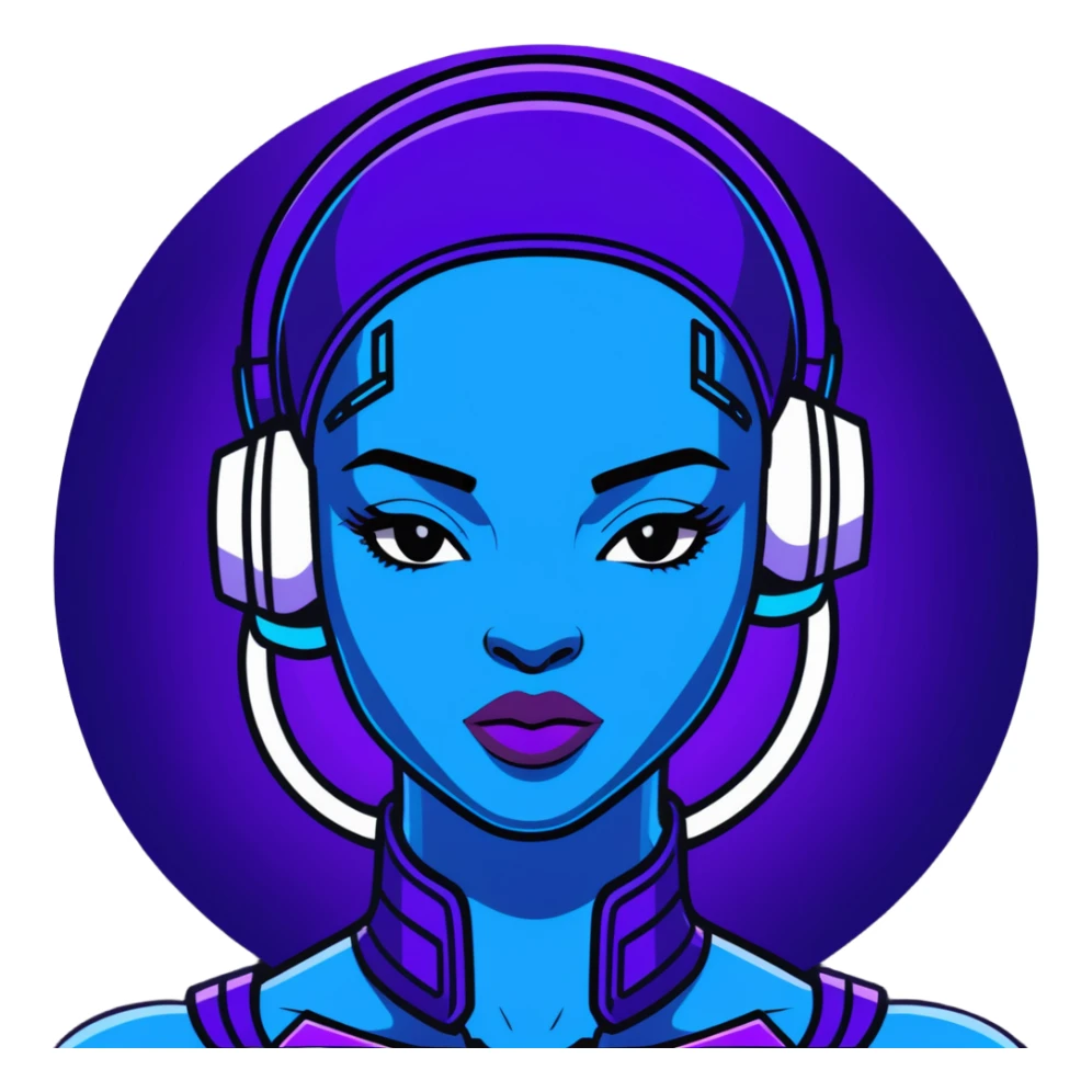 Cyberpunk African female portrait with digital augmentations, electric blue and purple lighting, high-tech headpiece with African pattern elements sticker