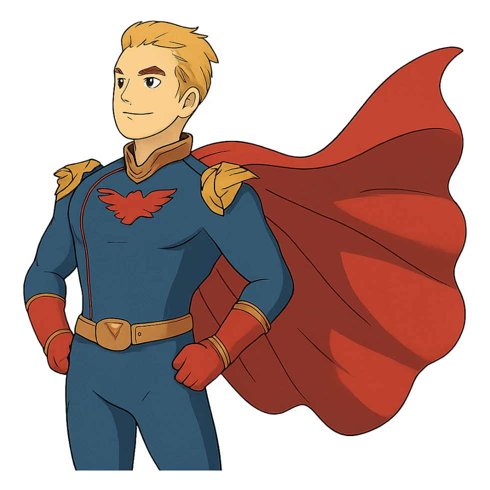 ghibli style Homelander with cape flowing, no background sticker
