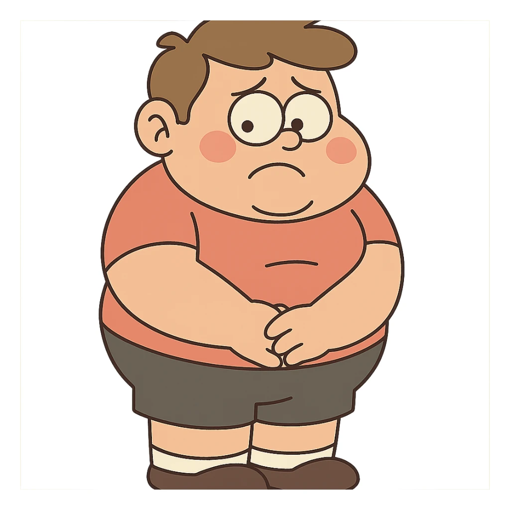 standing fat boy kid, embarrassed, cartoon style sticker