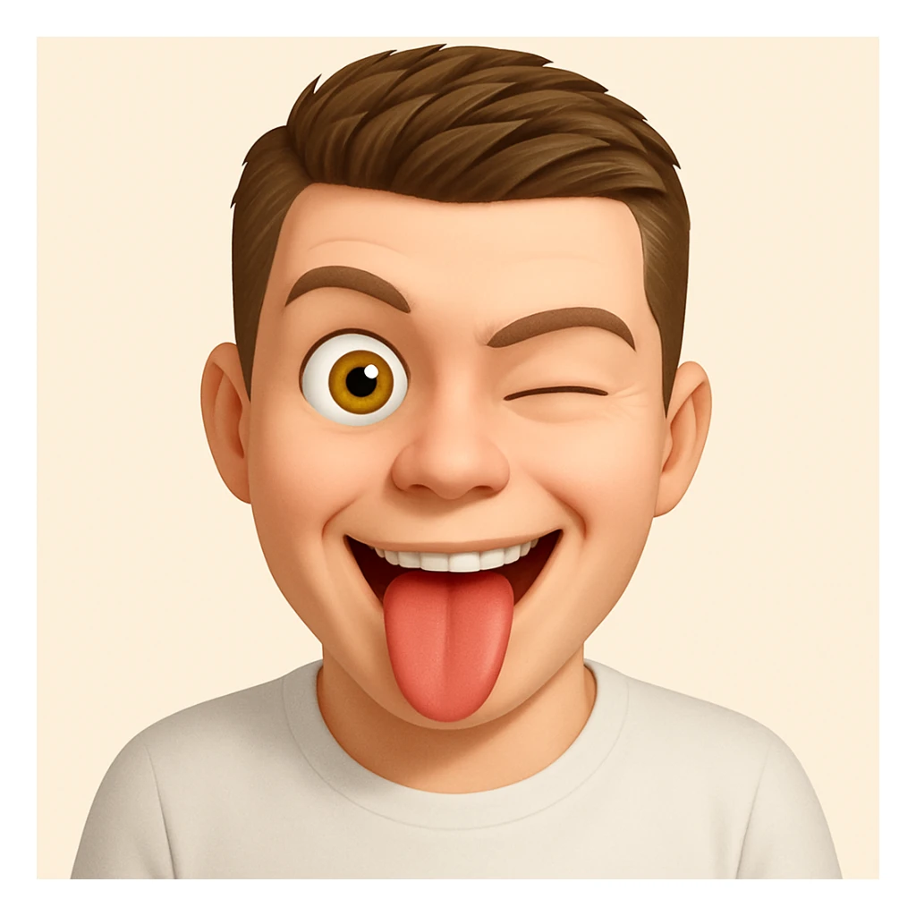 Based on these photos, make an emoji with facial features preserved, man in white t-shirt, crazy sticker