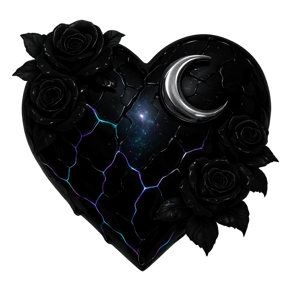 Edit the gothic heart to have cracked deep black glass, silver crescent moon, black roses, shimmering holographic stardust, neon lightning accents, and a glossy wet appearance. Keep the background transparent. Maintain the gothic heart style and details. sticker