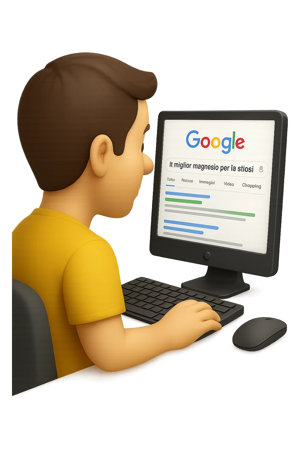 emoji stile iphone di un uomo davanti al pc che cerca di google: "Il miglior magnesio per la stipsi", iperrealistico 4k sticker