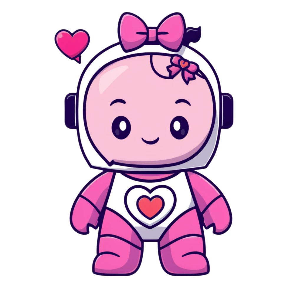 adorable pink robot girl with a hair bow and heart patterns sticker
