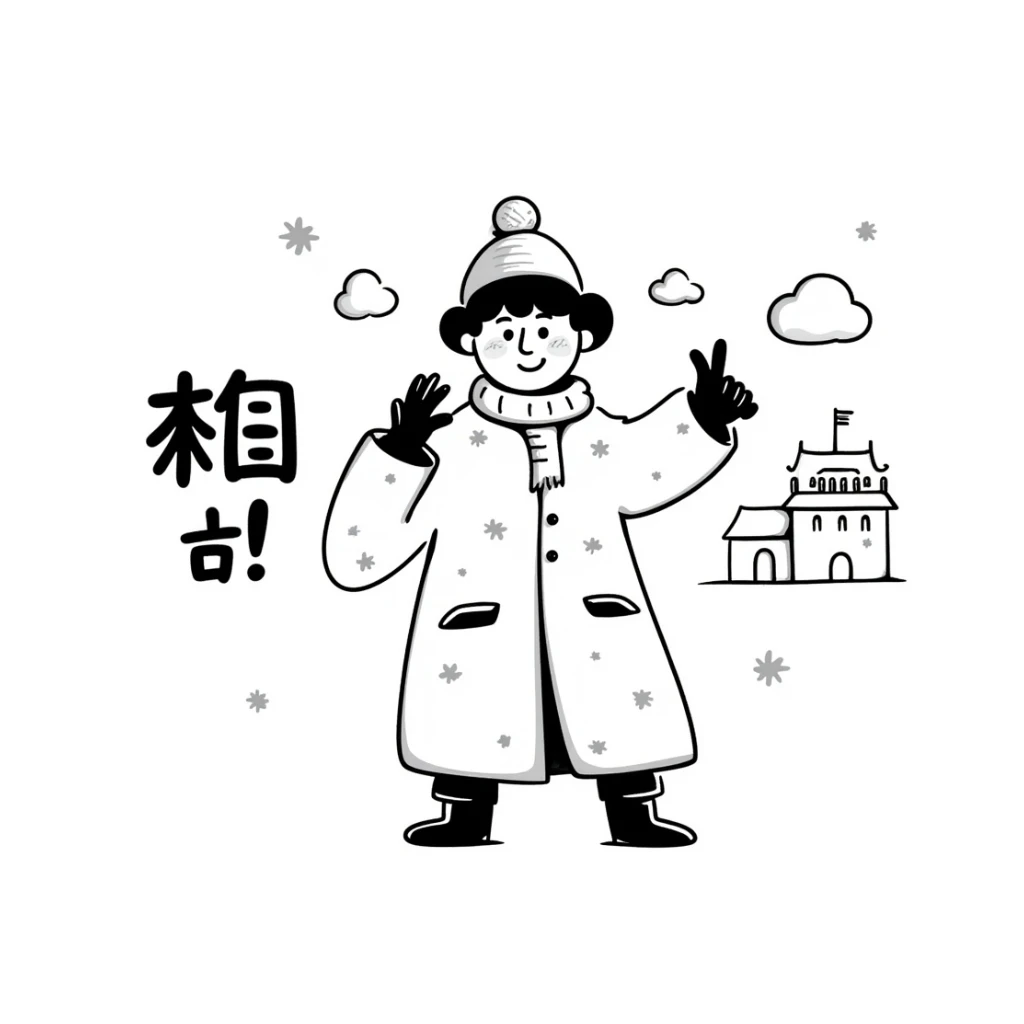 a rough expression northeastern Chinese person wearing heavy winter clothes, exaggerated pose, in a snowy northeast China background, with Chinese text '咋地！' sticker