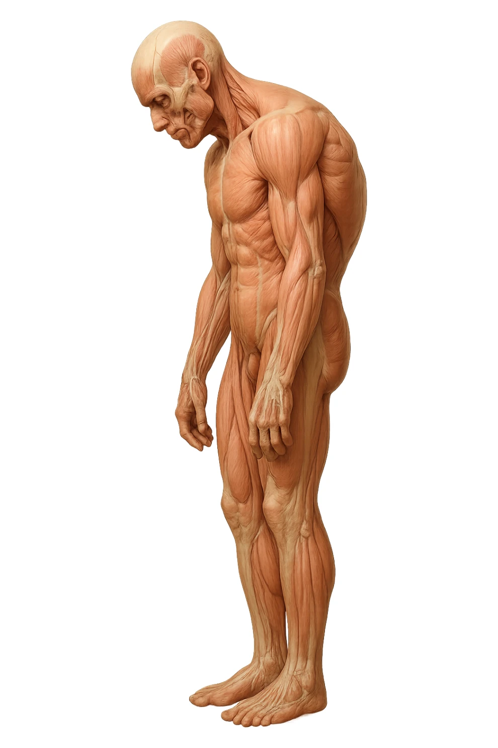 corpo umano anatomico realistico leggermente curvo con la schiena e le spalle che puntano leggermente in avanti, postura delle spalle chiuse, isolato su sfondo bianco sticker