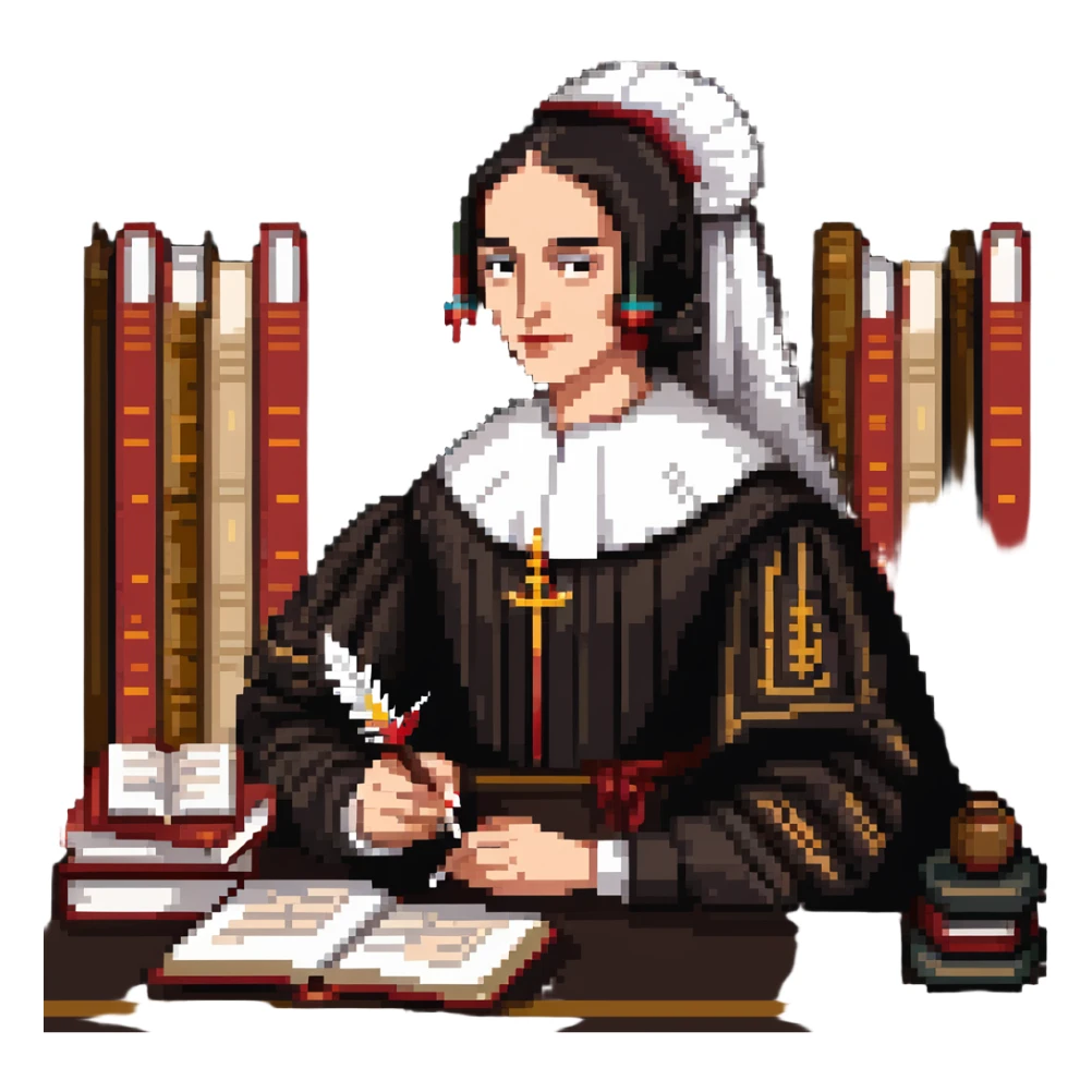 Sor Juana Inés de la Cruz with a quill pen and books sticker