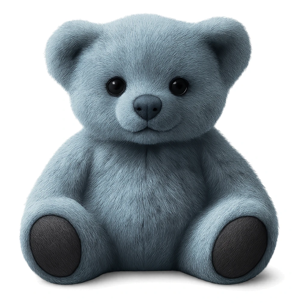 Make the teddy bear's fur a mix of realistic blue and white with soft lighting. Remove the background to make it transparent. The style should be realistic and natural looking. sticker