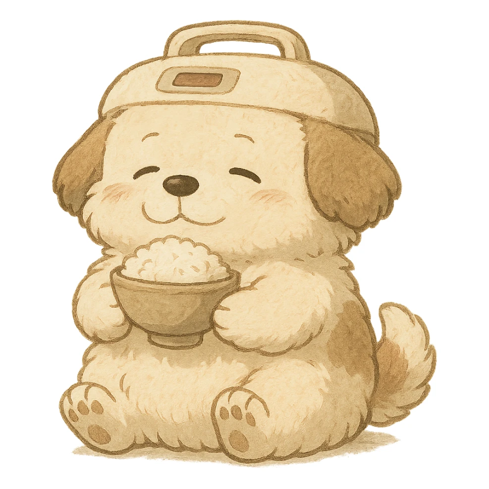 chibi rice cooker as a soft, fluffy dog with a round belly, holding a rice bowl, soft cream and brown, full-body sticker