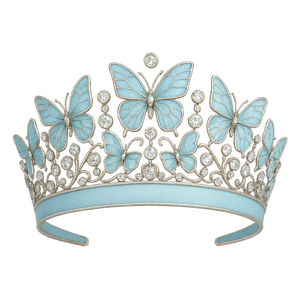 butterfly crown with a pastel blue base, butterflies in light blue enamel, sparkling gems sticker