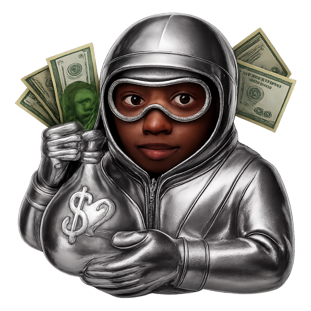 Make the face slimmer and more natural, not fat. Keep the face brown, money green, and everything else chrome in 3D metallic style. Remove the background. sticker