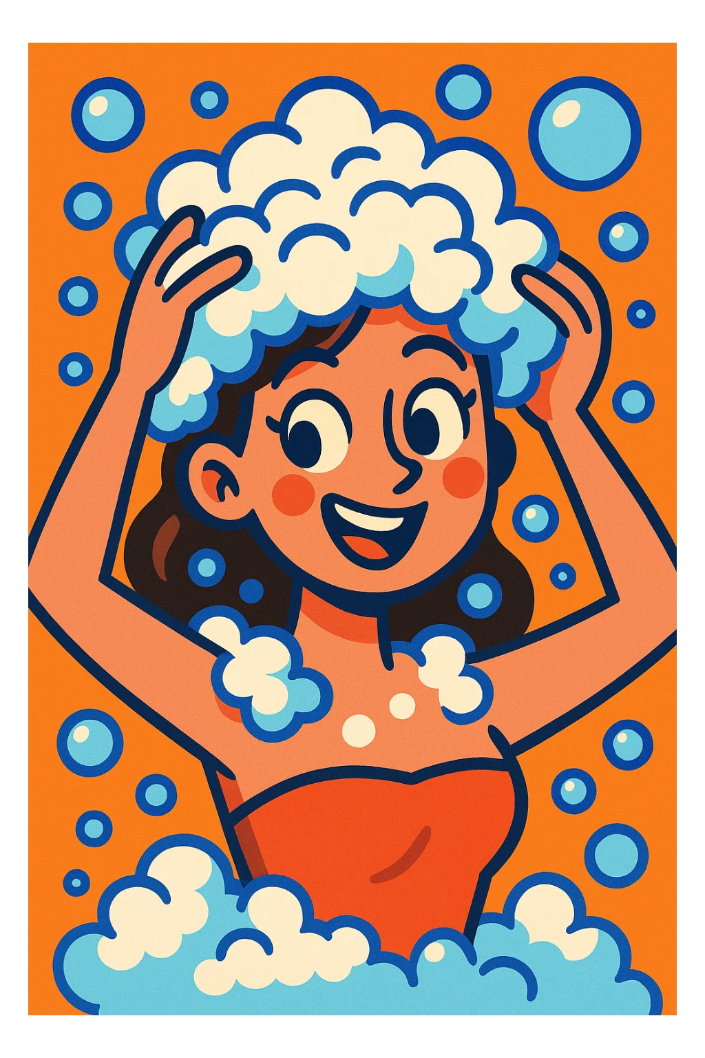woman with shampoo foam in hair, playful expression, bubbles floating, cartoon style, vibrant colors sticker