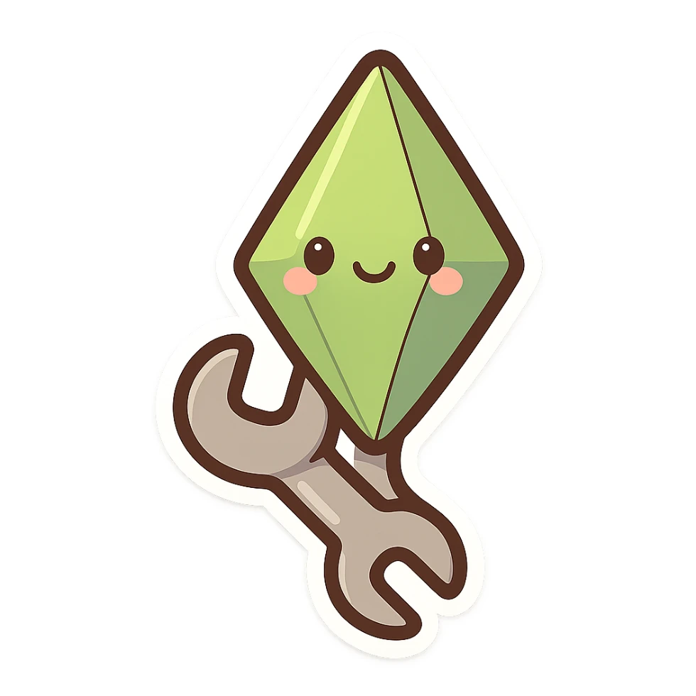 plumbob (crystal from Sims) and wrench combined into one icon, chibi stickers style, cartoonish, friendly sticker