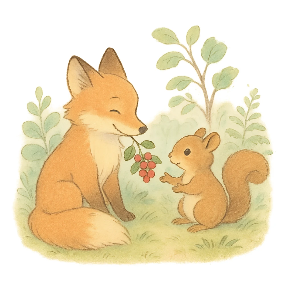 a fox and squirrel sharing berries, forest friendship scene, soft pastel colors sticker