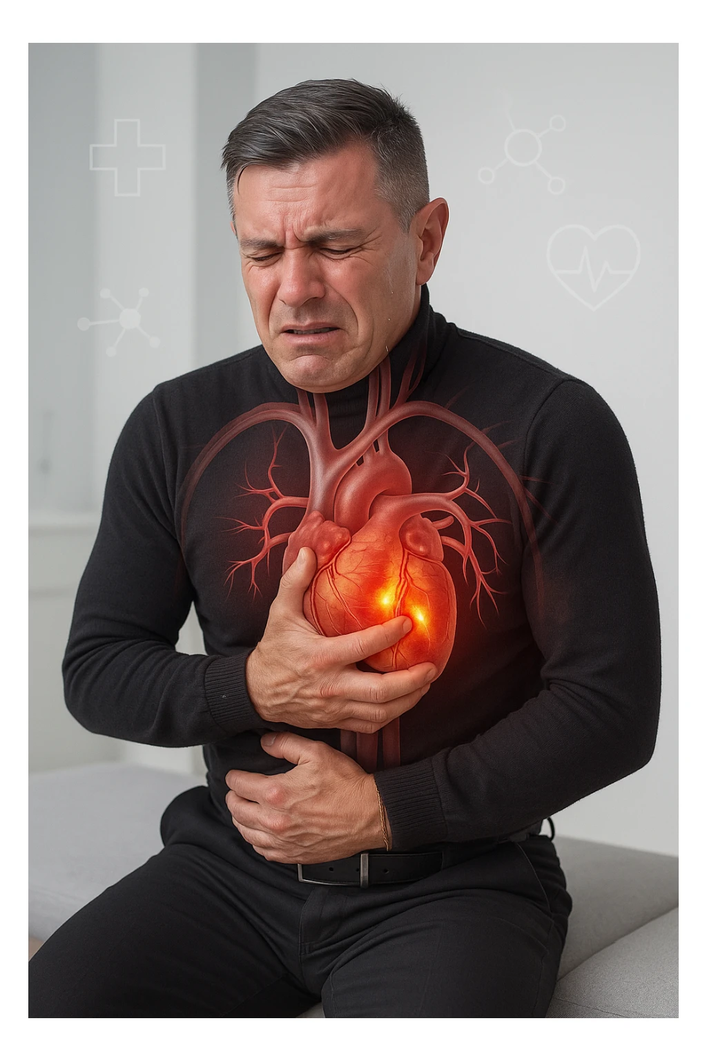 a middle-aged man sits on a bench, clutching his chest with a pained expression. His face is pale and sweaty, and his posture is hunched forward. A transparent overlay reveals his heart and major blood vessels, with highlighted areas indicating blockages or damage. The background is clean and clinical, with subtle medical icons. sticker