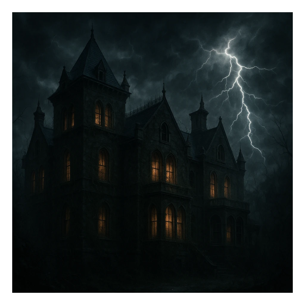 creepy banner, old mansion with flickering lights, overgrown vines, thunderstorm, dramatic lighting, gothic style sticker
