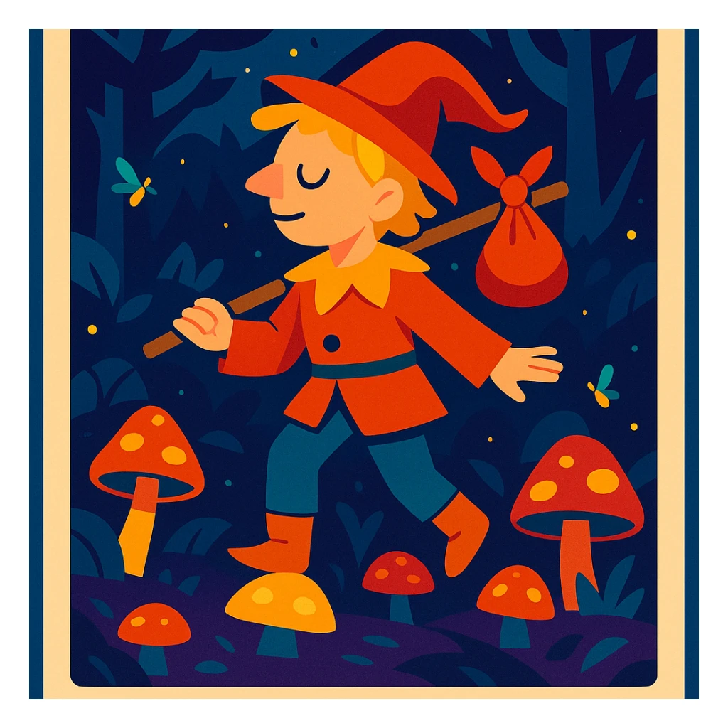 A tarot card featuring The Fool, set in a mystical forest with glowing mushrooms and fireflies, in a whimsical fantasy style. sticker