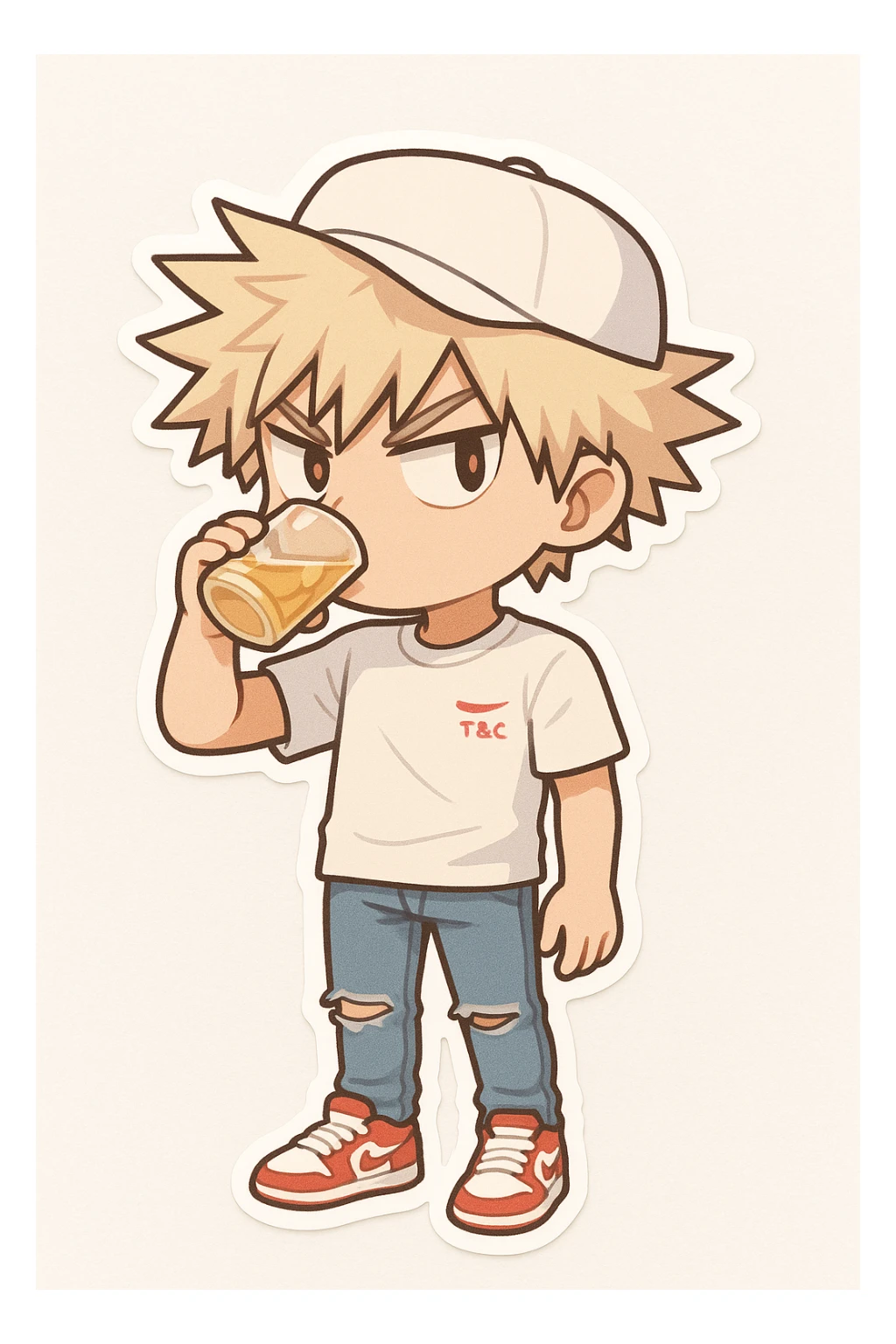 Create a chibi style character inspired by Bakugou Katsuki with cute chibi proportions. The character should wear a white t-shirt, white cap, ripped jeans, and red and white sneakers. Pose the character in a casual stance with spiky blond hair and an expressive face, capturing the essence of the reference images. sticker