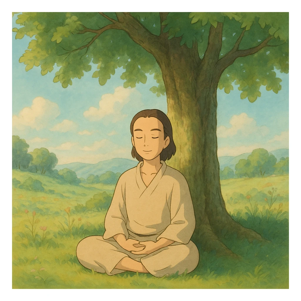 inner peace as a serene person meditating under a tree, soft colors, ghibli style sticker