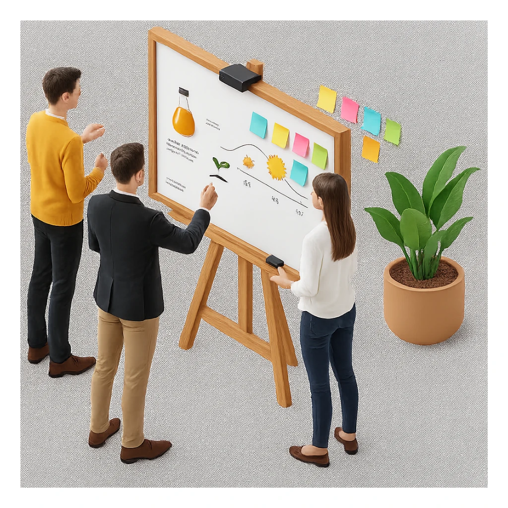 Add colorful sticky notes to the whiteboard in skeuomorphism style with a transparent background. The style should reflect skeuomorphism icon style with realistic shading and depth, maintaining the transparent background as requested. sticker