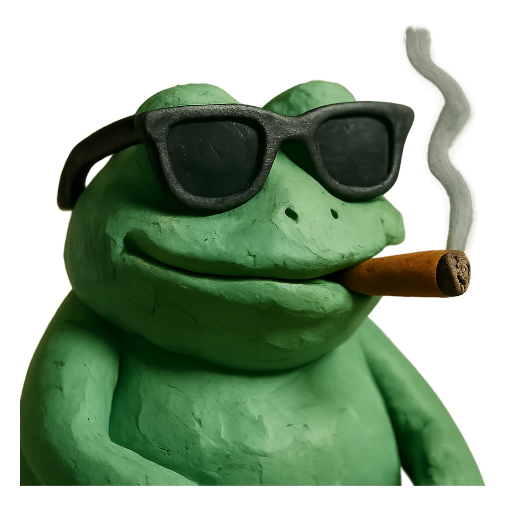 detailed frog with ray bans, satisfied, smoking a cigar, claymation style sticker