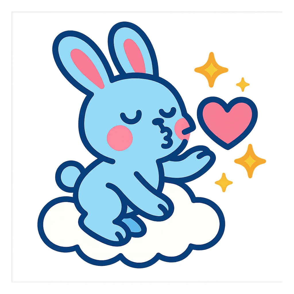 pastel blue bunny with cloud, blowing a kiss with sparkles, vibrant-toon style sticker