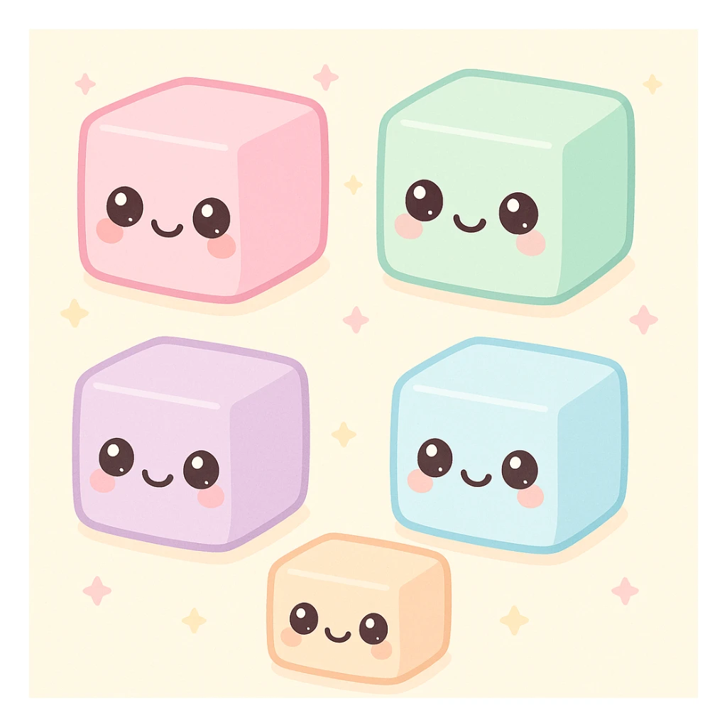 cute kawaii sugar cubes with cute faces, pastel colors, simple background sticker