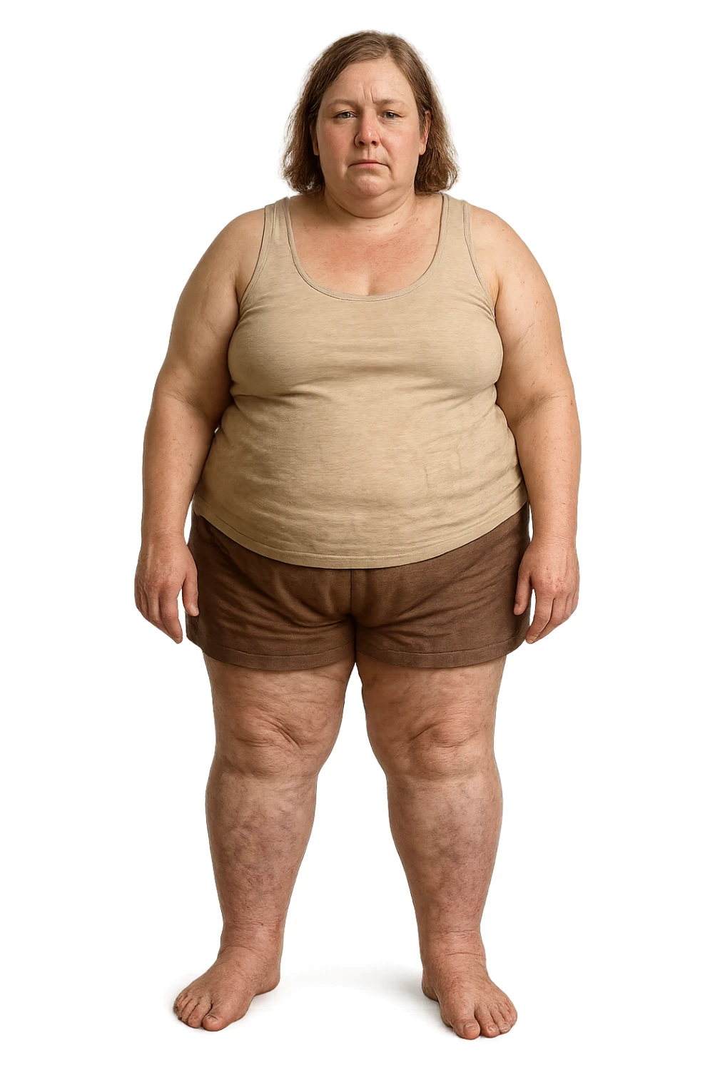 donna realistica leggermente in sovrappeso con vene visibili sulle gambe e gambe gonfie, iperrealistica 4k, IPERREALISTICA 4K sticker