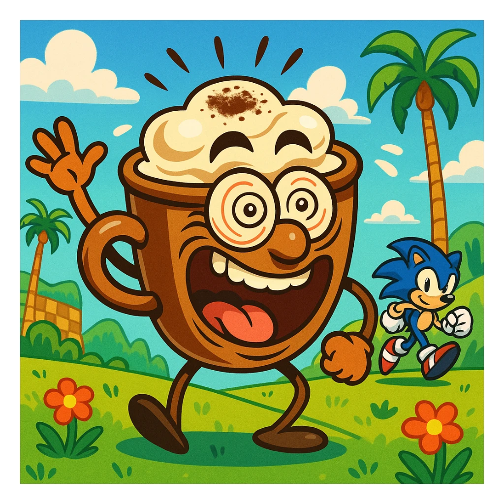 An Italian cappuchina character with a brainrot expression, Sonic the Hedgehog in the distance, lively and humorous scene, vibrant and fun. sticker