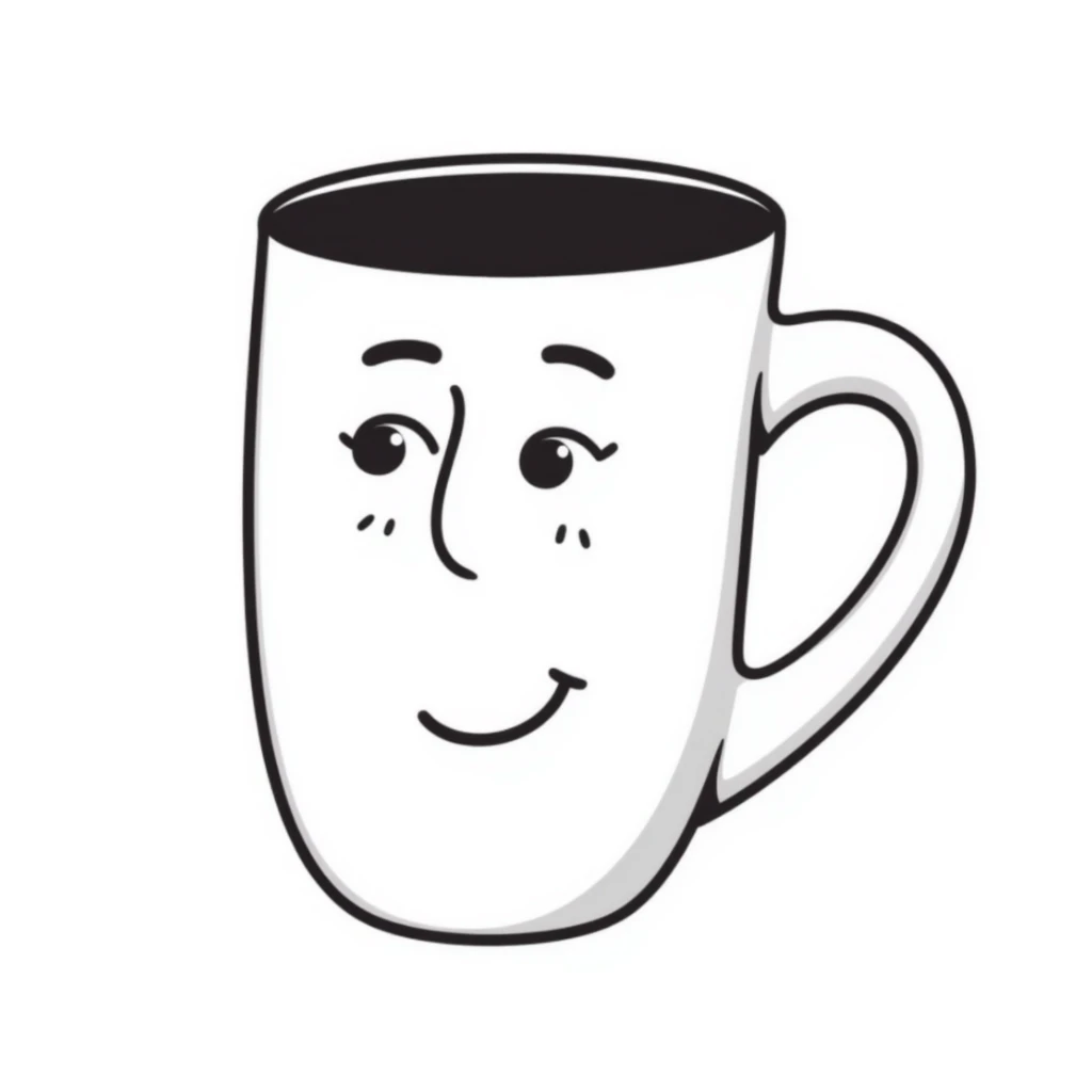 coffee mug with a cute face, hand drawn doodle style, cute face sticker