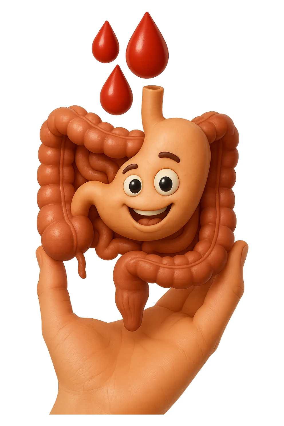 emoji stile iphone 3d di stomaco e intestino collegati verticalmente con 3 gocce di sangue 3d in mano, iperrealistiche 4k sticker