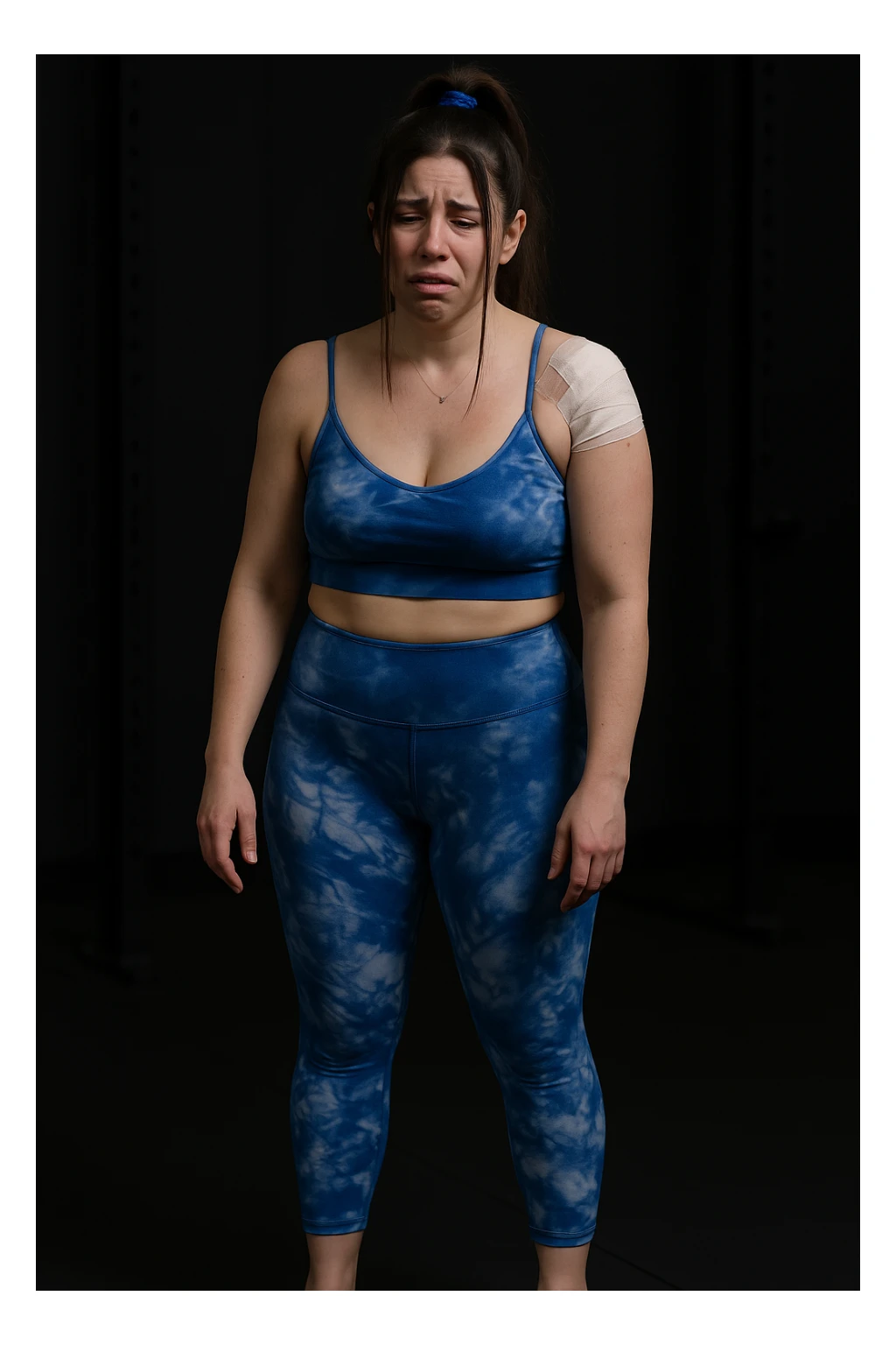 Realistic woman inspired by the reference photo, with bandaging and swelling on the right shoulder, suffering expression, wearing sporty clothing as in the photo. Realistic style. sticker