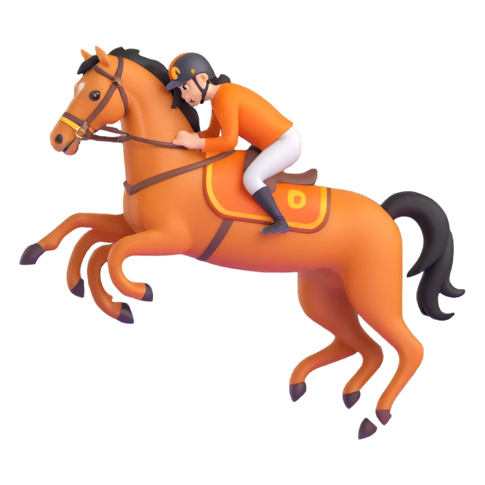 Hermès-style horse jumping, modern design, orange and gold details, 3D style, white or transparent background sticker