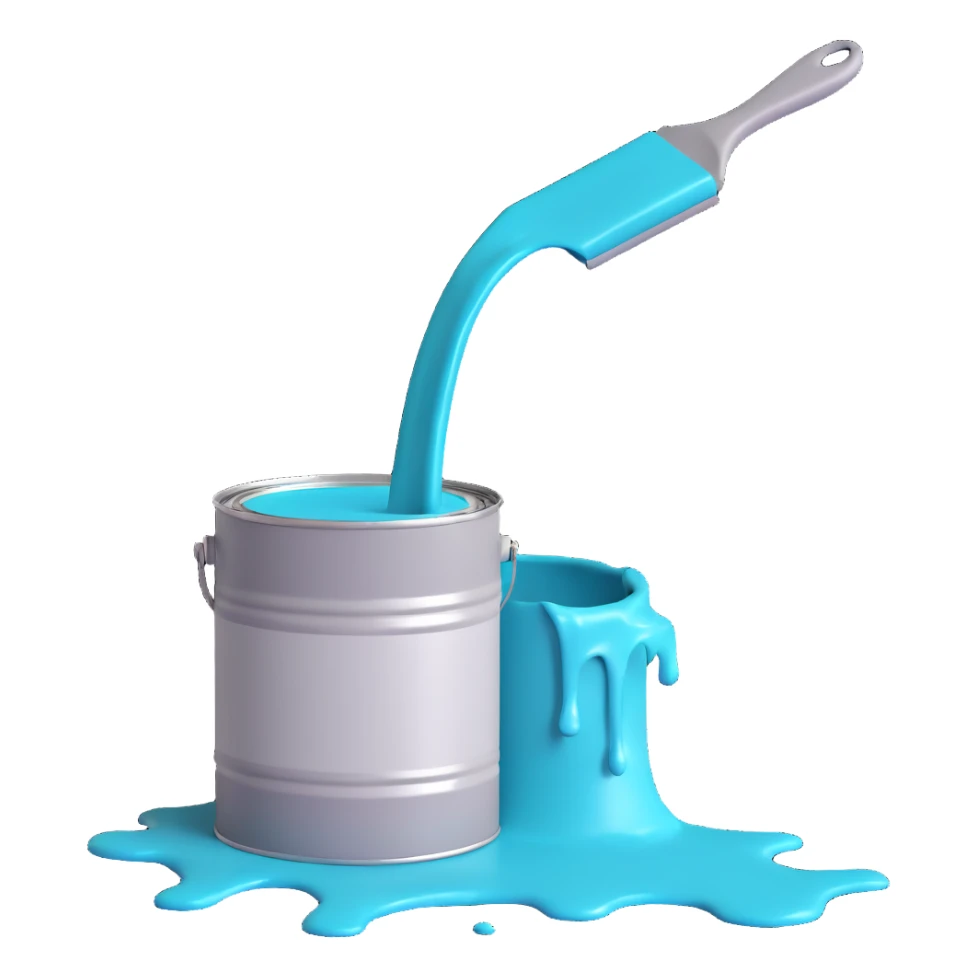 gray paint can with teal paint inside, some teal paint spilling over sticker