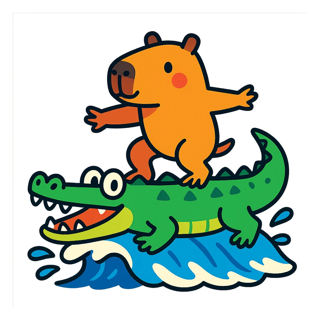 a capybara surfing on a crocodile, colorful cartoon style sticker