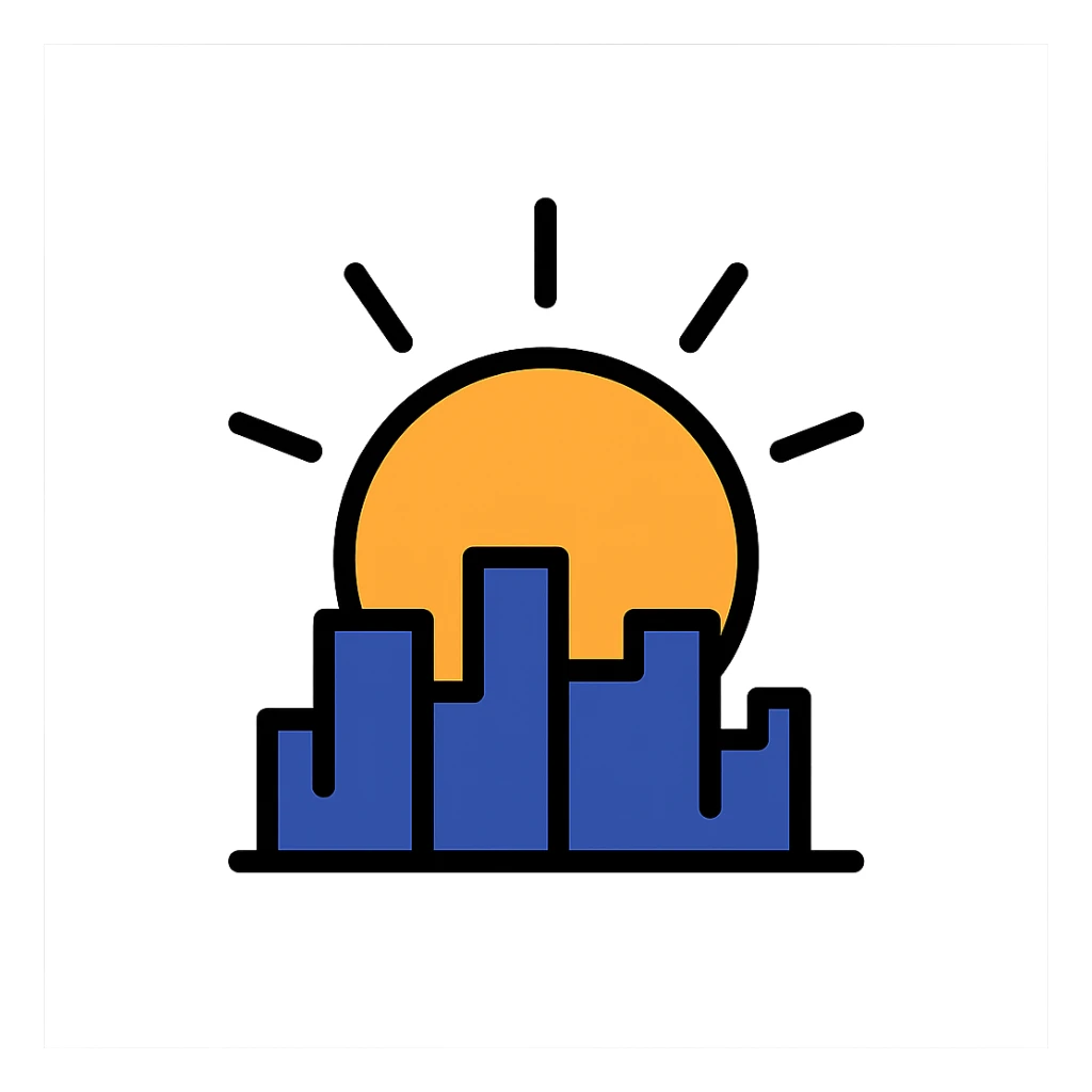sunset emoji with a city skyline, clean lines sticker
