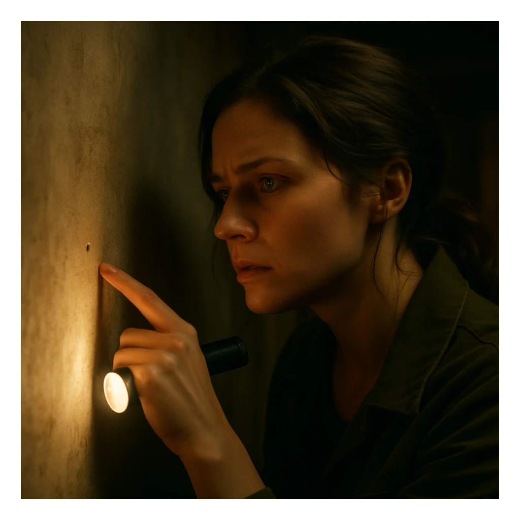 Cinematic still of a Woman looking for a dot sticker