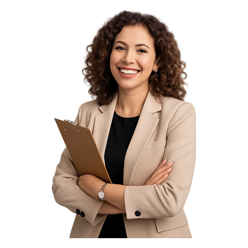 a beautiful, fancy woman as a happy and relaxed project manager, in a professional yet cheerful pose sticker